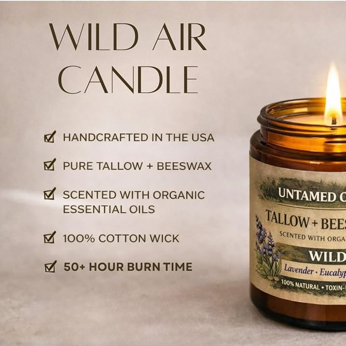 Grass-Fed Tallow Candle, Essential Oil Scented (Lavender Eucalyptus Cedarwood), No Synthetic Fragrance, Non-Toxic, 100% Cotton Wick, Hand Poured, 8 oz Amber Glass Jar, 50+ Hr Burn