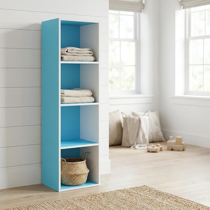 Furnifact Light Blue White Bookcase with Wood Material, Modern Design, Spacious Shelving, Durable Construction for Living Room or Office Storage
