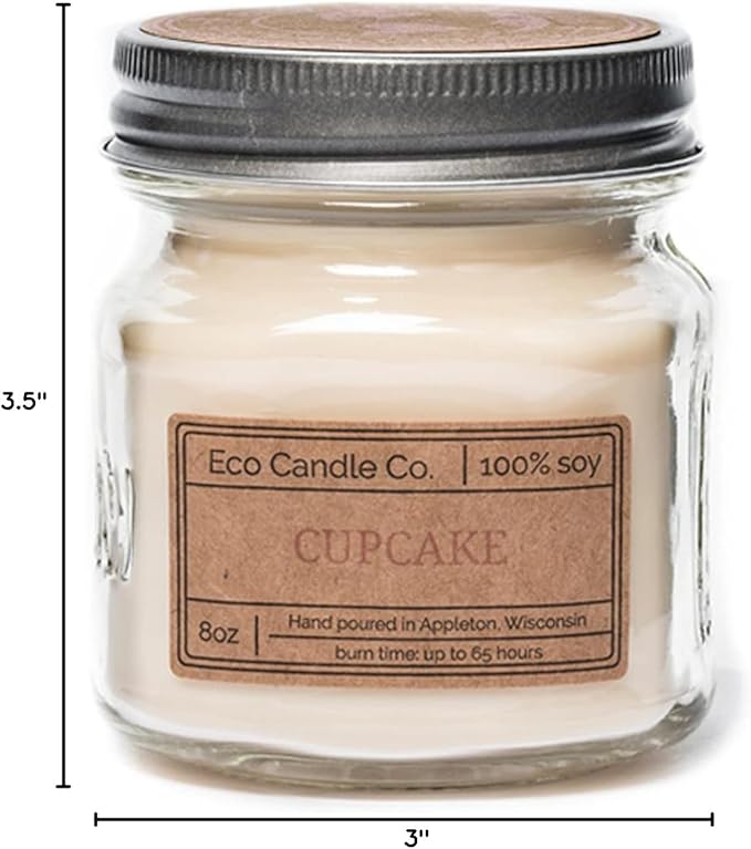 Eco Candle Co. Mason Jar Candle, Cupcake, 8 oz. - Scents of Yellow Cake & Icing - 100% Soy Wax, No Lead, Kraft Label & Antiqued Pewter Lid, Hand Poured, Made from Midwest Grown Soybeans