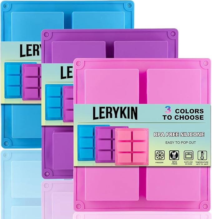 LERYKIN 3 Pack Silicone Soap Molds, 6 Cavities Rectangle Silicone Mold, Great for Homemade Craft Soap Mold, Chocolate, Cake Molds ＆ Ice Cube Tray - Just Pop Out（Pink & Blue & Purple）