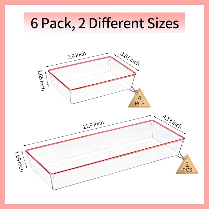 6 Pack Large Size Clear Stackable Drawer Organizer Trays, Rose Gold Rim Makeup Drawer Storage Tray Divider, Desk Storage for Makeup, Jewelry, Bathroom, Stationary, Kitchen Utensils and Office Desk