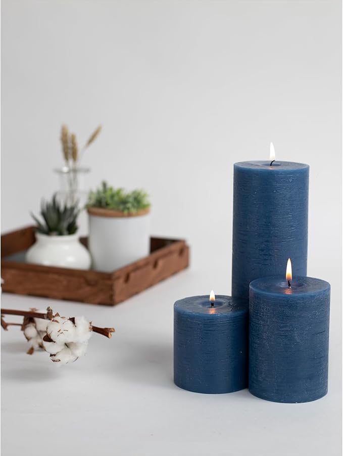 CANDWAX Assorted Pillar Candles Set of 3 – Sizes 3", 4", 8" Unscented Dripless Large Candles, Rustic Style Long Burning for Weddings, Decor – Dark Blue