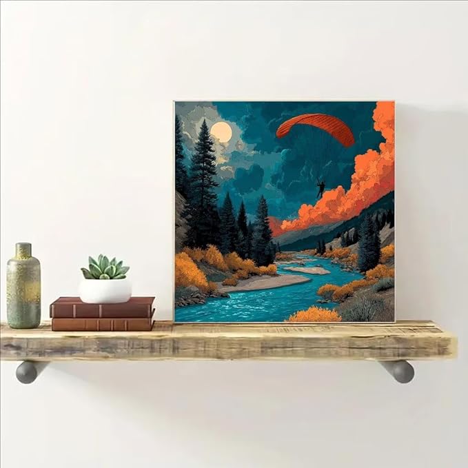 Diamond Art Kits for Adults Paragliding Diamond Painting Kit River, DIY Crafts for Adults 5D Full Square Drill Gem Art Embroidery Painting Kit for Wall Decor, Birthday Girl 15.8x15.8 Inch 0-C943