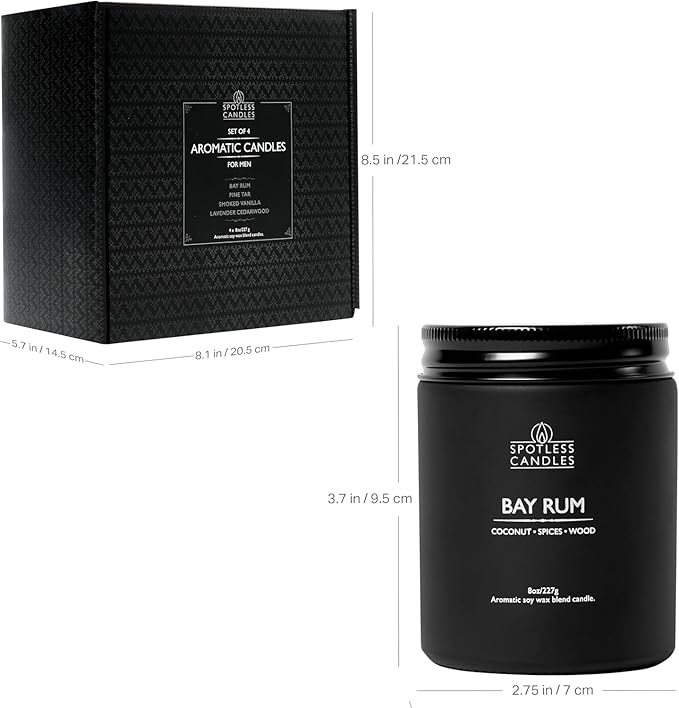 Scented Candles for Men - 200 Hours Burn Time in Gift Box & Protective Shipper - Men Candle Set x 4 - Cedarwood & Lavender/Bay Rum/Pine Tar/Smoke & Vanilla - Spotless Leopard