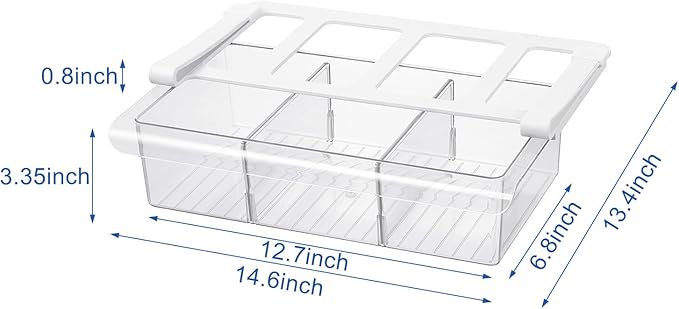 Pull-Out Fridge Drawer Organizer - Under Shelf Storage Bins for Refrigerator Organization for Fruits Vegetables, Cheese & Deli (3.35" Height x 12.7" Width + dividers)