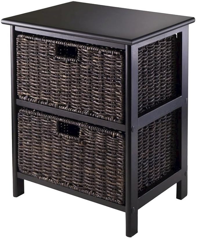 Storage Rack, Black Finish, 2-Tier Shelf Unit with Two Foldable Chocolate Baskets, Solid Wood Frame, Organizer Cabinet