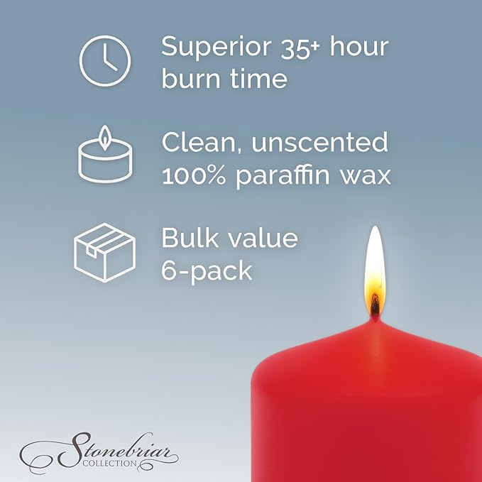 Stonebriar Unscented Pillar Candles – 35 Hour Burn Time, Long-Lasting Wax Candles for Weddings, Holidays, Home Décor & Special Events, Pack of 6, Red, 3" x 4"