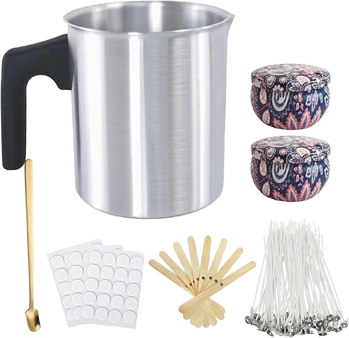 1.2L Candle Making Pouring Pot Wax Pitcher Wax Pouring Pot Candle Making Pitcher with Heat-Resistant Handle and Dripless Pouring Spout Design with Candle Jars, Wicks, Stickers and Wicks Holders