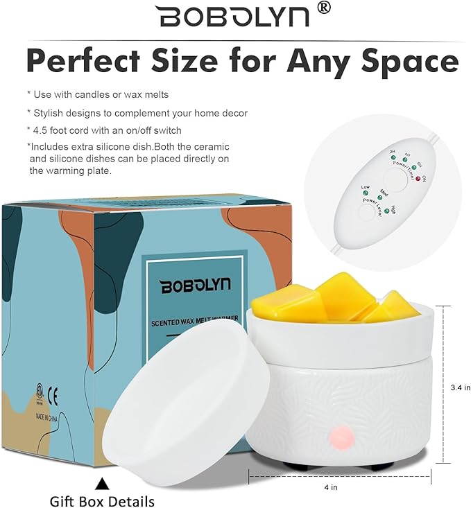 Bobolyn Candle Melts Warmer Burner - Ceramic Essential Oil 3-in-1 Wax Melter with 1 pc Silicone Dish, Timer, Auto Shut Off for Scented Wax Tarts - Aromatherapy for Home, Office, Bedroom & Gifts