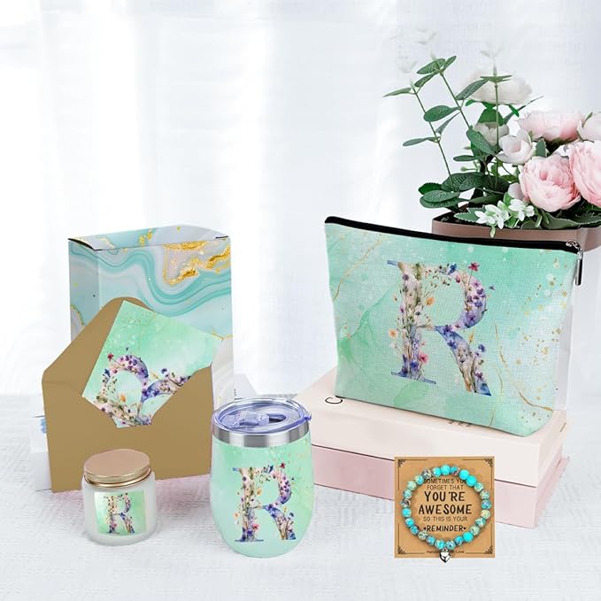 Personalized Gifts Monogrammed Birthday Gifts for Women, Mommy, Female Going Away Farewell Christmas, Initial Wine Tumbler Makeup Bag Scented Candle Bracelet Set, (Aesthetic Green Flower R)