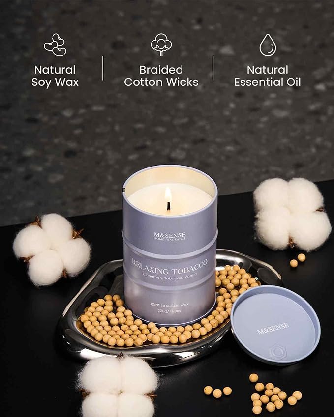 M&SENSE Tobacco Vanilla Scented Candles Natural Non Toxic, Aromatherapy Candle for Stress Relief Meditation Relaxing, Housewarming Gifts for Women Men, 11.3oz 70 Hour Long Burning