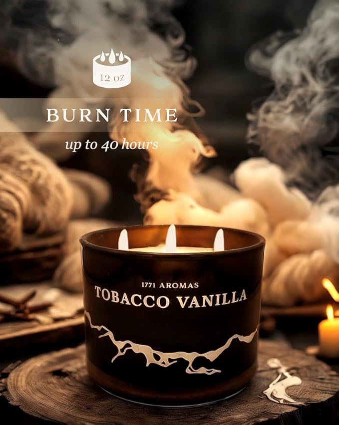 Tobacco Vanilla Scented Candles - 100% Natural Soy Wax - Large 3 Wick Jar Candle - Up to 50 Hours Burning Time - Candles for Home - Gift-Ready Candle for Men & Women - Aromatherapy