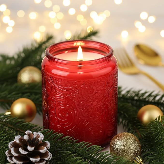 Art Secret 9-Pack 8oz Embossed Glass Candle Jars with Lids and Labels - Sun Moon Stars Design (Red)