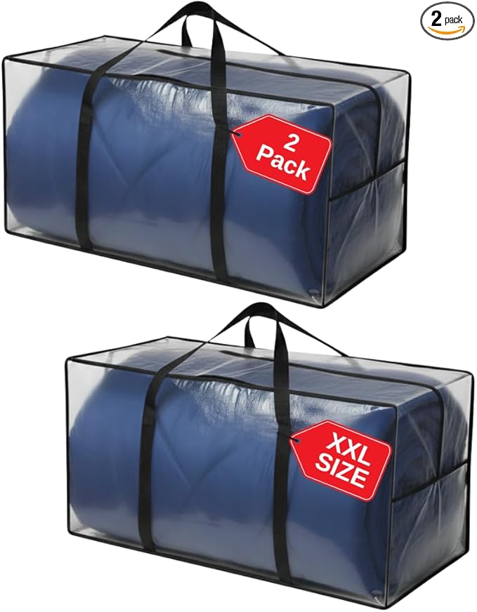 68.5 GAL 2 Pack XXL Jumbo Extra Large Heavy Duty Stronger Handles Storage Bags Moving Totes Zippered Reusable Wrap Around Handle Storage Totes (Translucent/Semi-Transparent)