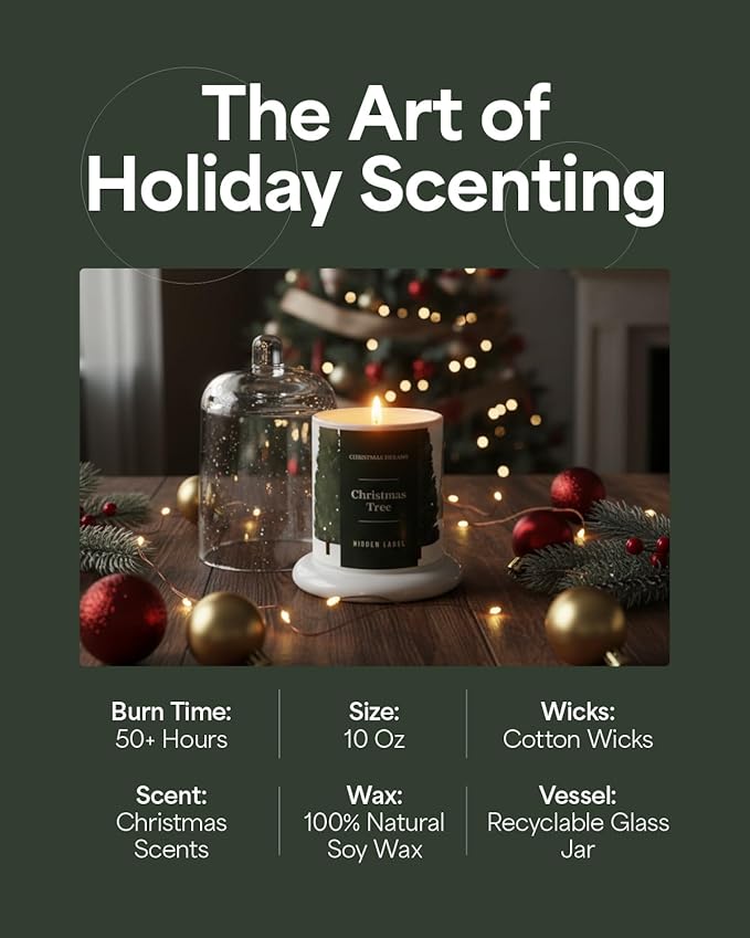 Christmas Tree Scented Candle, 10oz Natural Soy Wax in Clear Bell Jar, 60H Long-Lasting, Clean Burn, Aromatherapy Candles for Home Scented, Gifts for Women, Family, Holiday