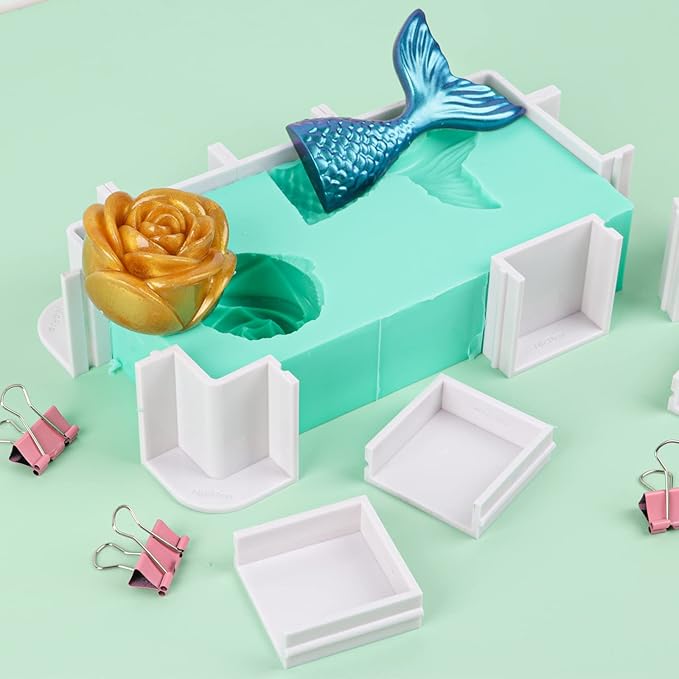 Nicpro Adjustable Molds Housing for Silicone & Resin Molds, Reusable Plastic Frame with Binder Clips & Double-Sided Tape for Soap & Candle Making