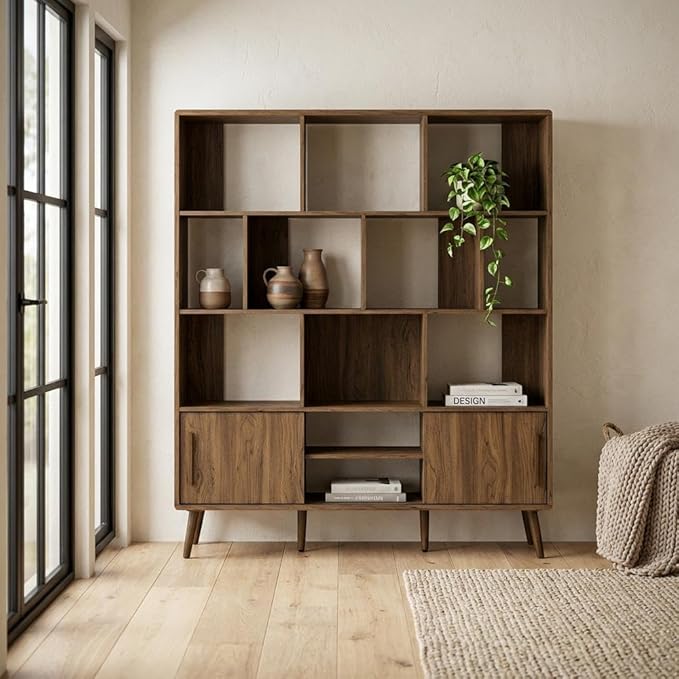 Furnifact Walnut Bookcase with Sliding Doors, 59-Inch Storage Shelf, Flexible Shelving, Modern Design, Durable, for Living Room or Office