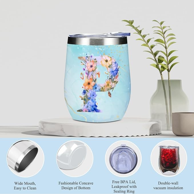 Personalized Gifts for Women Monogrammed Birthday Gifts for Women, Wife Girlfriend Wedding Christmas, Initial Wine Tumbler Makeup Bag Scented Candle Bracelet Set, (Aesthetic Blue Flower P)