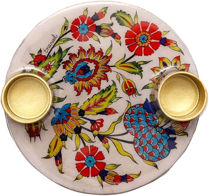 Yair Emanuel Flat Plate Candle Holders for Shabbat 4 Inch Vibrant Pattern Design Modern Judaica Gift (CSE-7 Pomegranates 2)