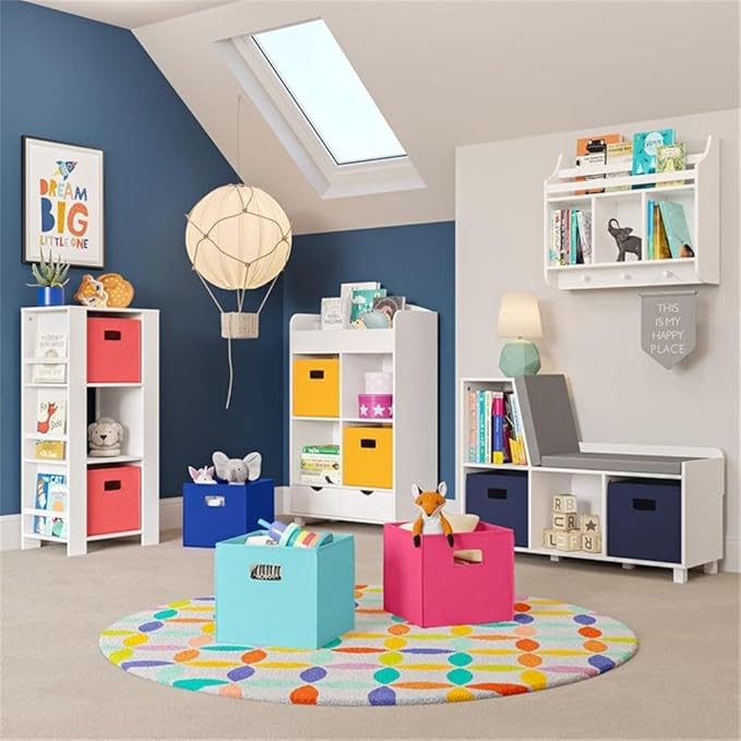 RiverRidge Home Bookshelf for Kids Toy Storage Cabinet with Cubbies Book Nook Area- 4 Cubbies, 2-Slot Bookrack, 2 Drawers & Hooks for Kids Toys, Games & Book Storage Fits RiverRidge Folding Cubby Bins