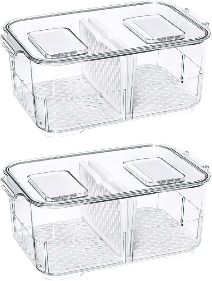SANNO Produce Saver Fresh Keeper Vegetable Fruit Storage Containers, Refrigerator Fridge Stackable Bins with Lids and Vents, Stackable Salad Lettuce Keeper,BPA-freeContainers Bin-