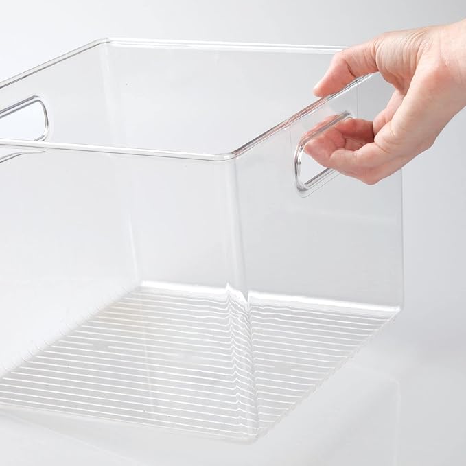mDesign Small Modern Plastic Storage Organizer Bin Basket with Handles for Home Closet Organization - Shelf, Cubby, Cabinet, and Cupboard Organizing Decor - Ligne Collection - 2 Pack - Clear