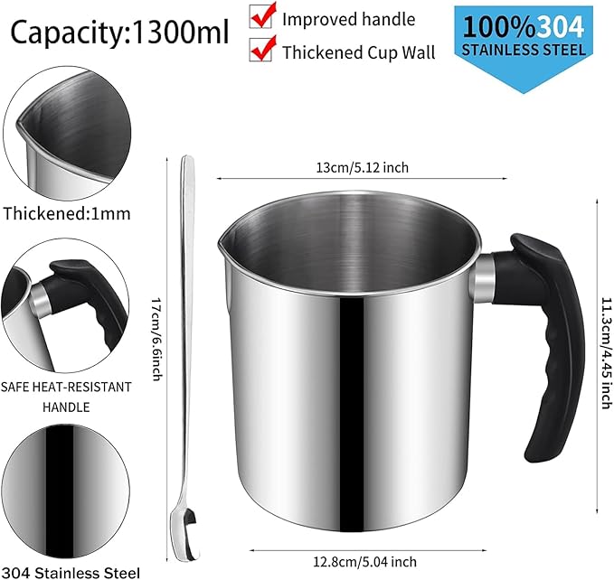 Candle Making Pouring Pot, DINGPAI 44oz Double Boiler Wax Melting Pot, 1pc Spoon, 304 Stainless Steel Candle Making Pitcher, Silver Color with Heat-Resistant Handle and Dripless Pouring Spout Design