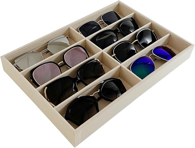 8 Slot Large Light Beige Premium Quality Velvet Sunglasses Eyewear Glasses Watch Box Tray Stackable Practical Trade Show Home Use Jewelry Display Organizer Drawer Divider Insert