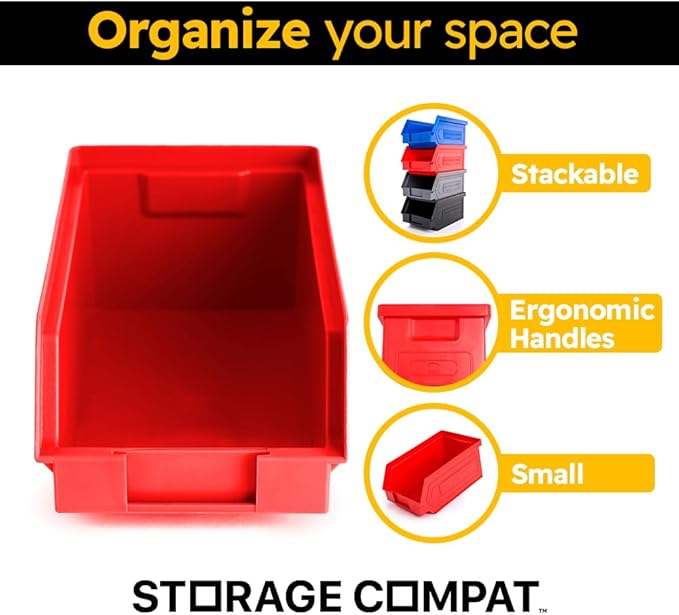24 Pack Small Storage Bin, Wall Mount Storage, Hanging and Stacking Bin, Freestanding | 7” x 4” x 3” Plastic Container | Red | Zeus 1PLZ03 | StorageCompat