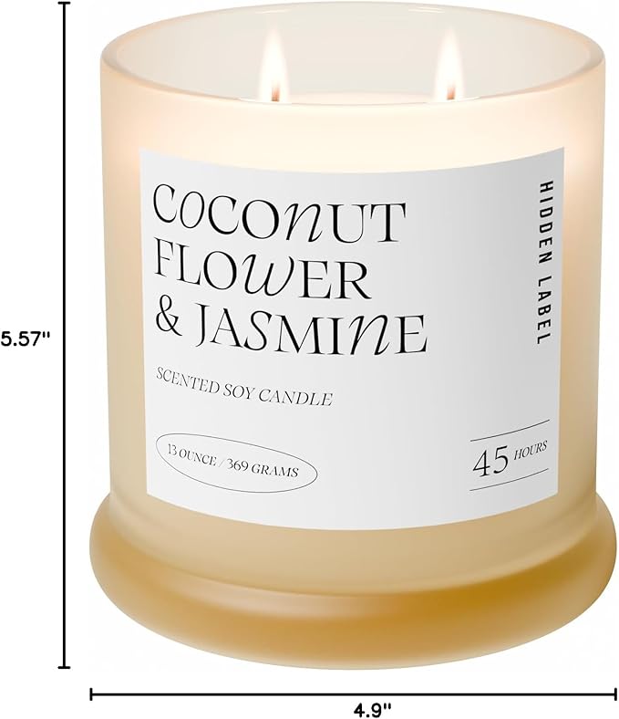 Hidden Label Coconut Flower & Jasmine Scented Candle | 2 Wick Large Candles for Home Scented 13oz 75Hour Long Lasting Slow Burning | Aromatherapy Candle for Home Decor, Stress Relief & Relaxation