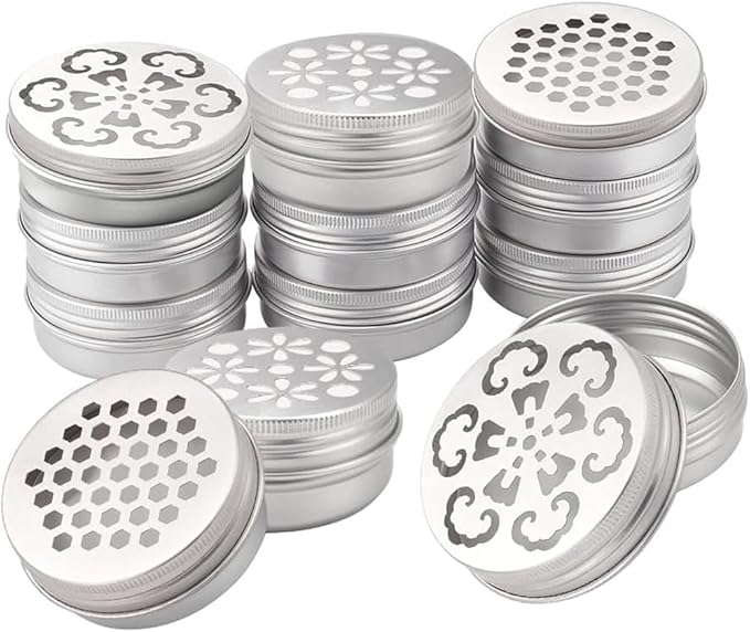 PH PandaHall 12pcs Aluminium Tins 3 Style Round Metal Container 2 Ounce Empty Metal Tins with Hollow Lids Refillable Spice Containers for Aromatherapy Air Freshener Candles Travel Storage 2.75x1 inch