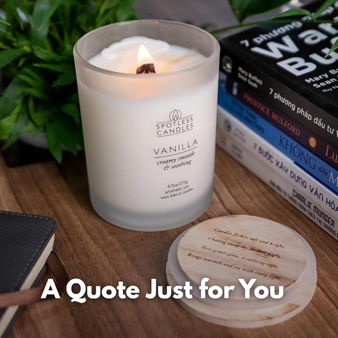 Vanilla Candle 9.7 oz: 55 Hrs Burn Time - Vanilla Scented Candles in Frosted Glass Jar with Wooden Crackling Wick in a Luxurious Gold Foil Lined Gift Box