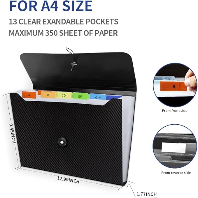 Expanding File Folder, 13 Pockets Accordion File Organizer, A4 Letter Size Paper Document Receipt Organizer Accordian Filing Folder for Classroom, Home, Office and Travel