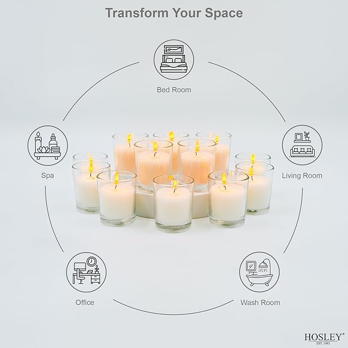 Hosley 48 Pack White Unscented Votive Candles, Clear Glass, Hand-Poured Wax, Bulk Wedding & Party Candles for Gifts, Tables, Aromatherapy & Holidays Party Weddings Birthdays (White)