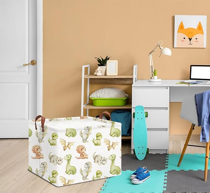 Rectangle Storage Basket with Handles,Collapsible Storage Bin,Books Box,Gift Basket(Watercolor Dinosaur)