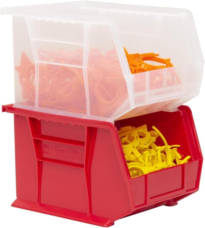 Akro-Mils 30239 AkroBins Plastic Storage Bins, Space-Saving Stackable Bins for Garage, Pantry, Craft Organization, 11-" x 8-" x 7-", Red, 6-Pack
