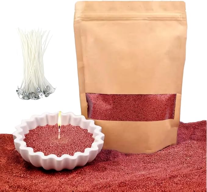 PHYMAT Red Candle Sand with 50pcs Wicks, 1.1LB Pearled Candle Powder Wax, Refillable Plant Sand Candles with Wicks Kit for DIY Handmade Candle Making, Party, Wedding, Home Decor