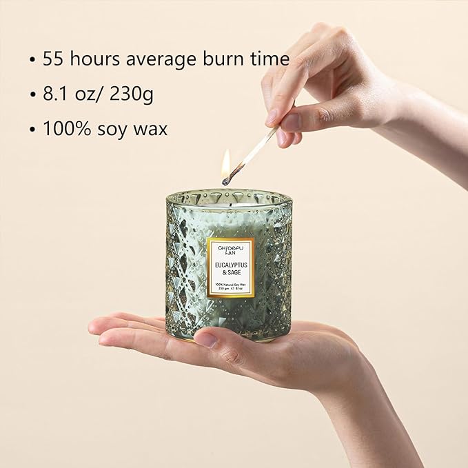 Chloefu LAN Eucalyptus & Sage Scented Candles Luxury Candle with up to 55 Hour Long Lasting, Highly Scented, 100% Soy Wax, 8.1oz, Beautiful Candles, Ideal for Home Decor and Gifts