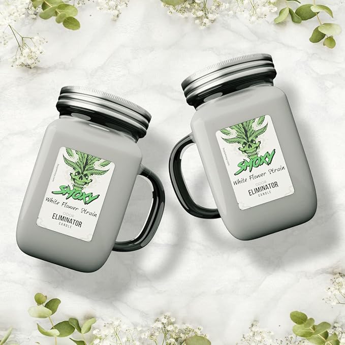 Smoxy Smoke Odor Eliminator Candle - Scented Candle for Home - Indoor Space Deodorizer & Air Freshener with Fragrance Pet Smell - Natural Palm Wax - Glass Mason Jar, 13oz. (White Flower)