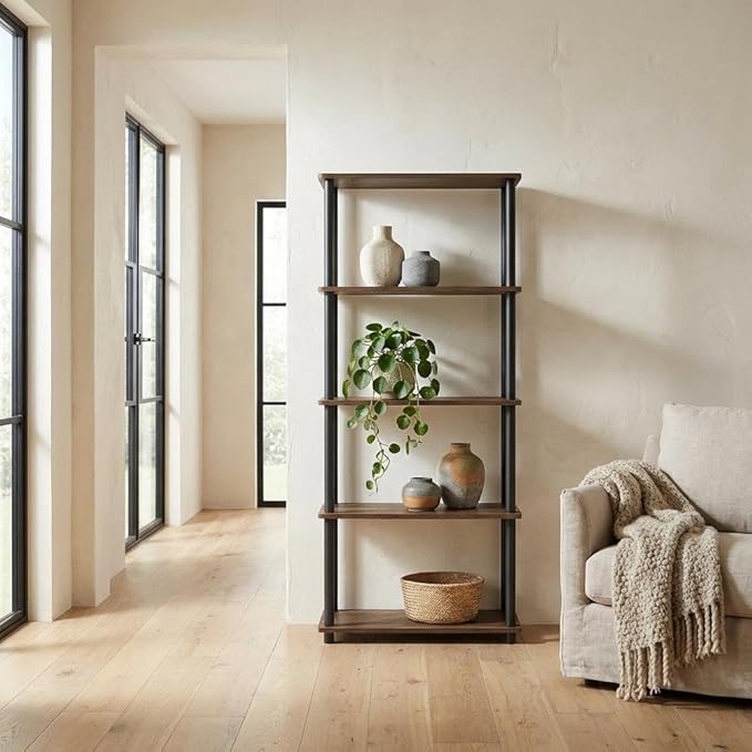 Furnifact Columbia Walnut Black Bookcase with Durable Wood Construction, Single Piece Design for Stylish Storage and Organization