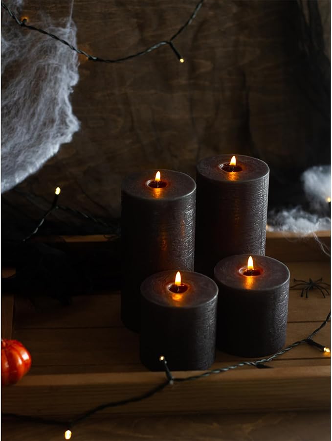 CANDWAX 3x3 Pillar Candles Set of 3 - Rustic Unscented No Drip Black Candles for Halloween Decor, Parties, Gothic Décor