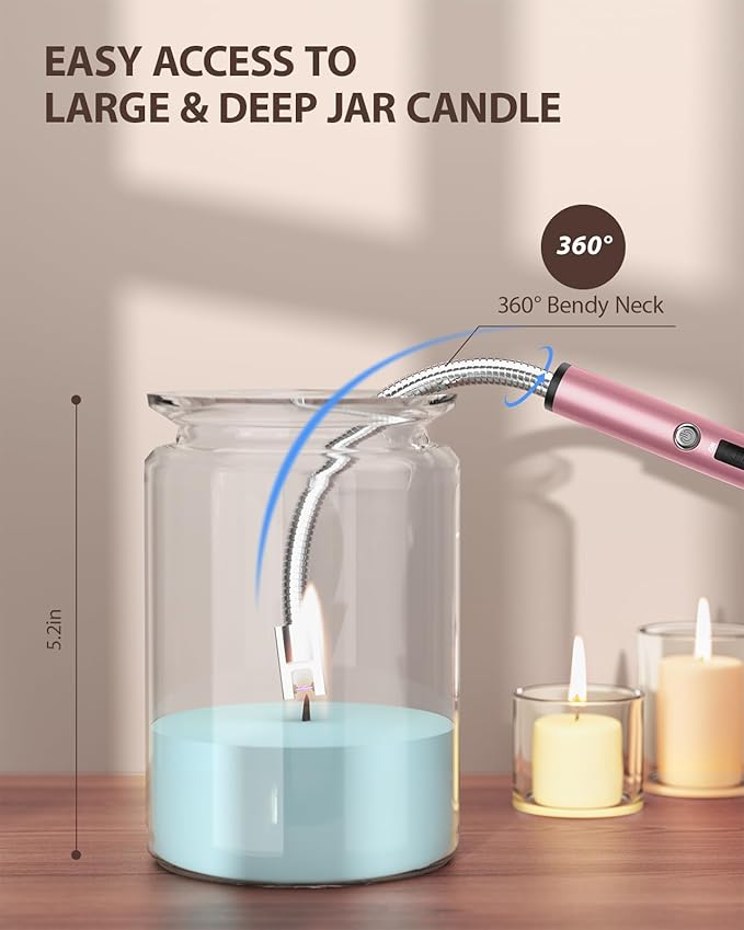 RONXS Candle Lighter, Electric Lighter, Rechargeable Type C Lighters Arc Lighter with LED Battery Display, Flameless Long Lighters for Candles Grill BBQ Camping (Pink)