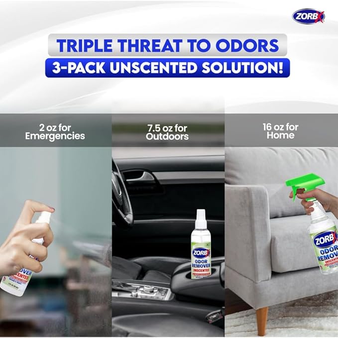 ZORBX Unscented Odor Eliminator for Strong Odor 3 items Bundle: 16 Oz + 7.5 Oz + 2 Oz - Used in Hospitals & Healthcare Facilities - Fast-Acting Odor Remover Spray for Dog, Cat, House & Carpet