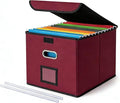 CADONO File Organizer Box with Lid, Large Hanging File Folder Organizer with Plastic Slide, Collapsible Portable Filing Storage Boxes for Office/Decor/Home (Wine Red, 14.9 x 12.59 x 10.8 inch)