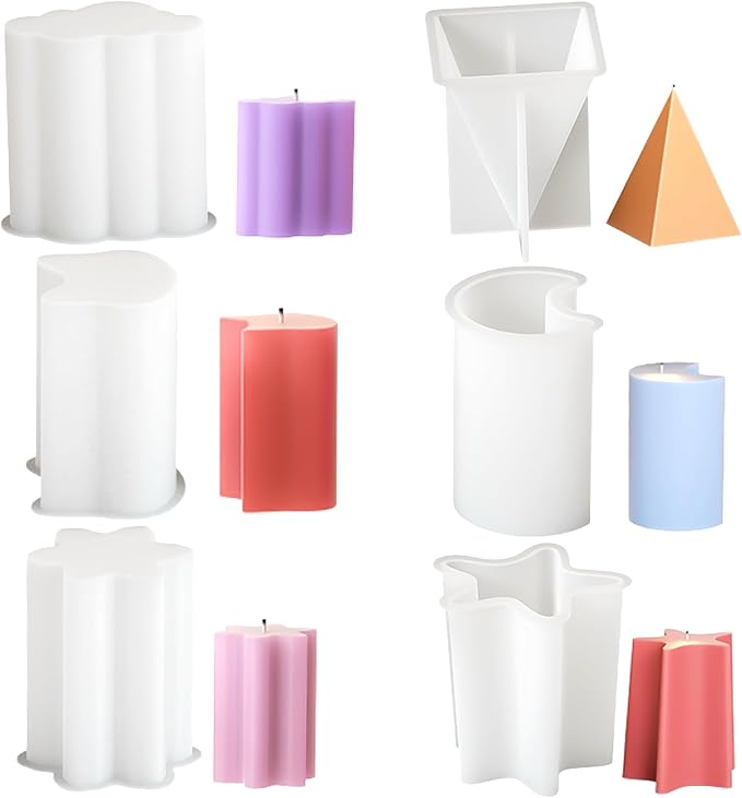 6 Pack Candle Molds for Candle Making, Moldes para Velas, Pillar Candle Mold, 3D Geometric Shape Silicone Candle Mold for DIY Scented Candle, Soy Wax, Cake, Soap, Resin Casting Craft Making