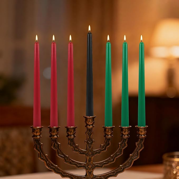 Kwanzaa Taper Candles, 3 Red,3 Green and 1 Black, 10 Inch Smokeless and Dripless Tall Candlestick, 8-8.5 Hour Long Burning time,African Holiday Mishumbaa Saba