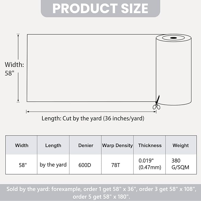 Waterproof Marine Canvas Fabric by The Yard 58" W 600D PVC Backing Water-Resistant Polyester Fabric Upholstery Material for Outdoor Indoor Marine Awning Tent Boat Furniture Cover DIY, 1 Yard White