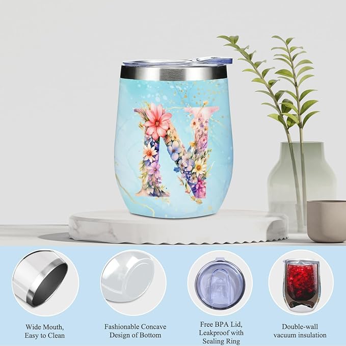 Personalized Gifts Monogrammed Birthday Gifts for Women, Colleague, Leader Mentor Female Farewell Christmas, Initial Wine Tumbler Makeup Bag Scented Candle Bracelet Set, (Aesthetic Blue Flower N)