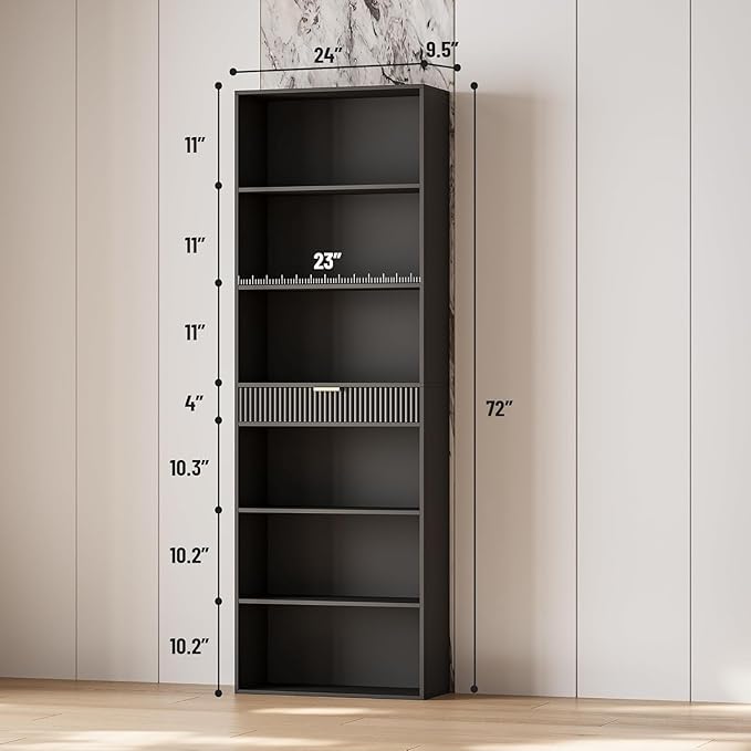 INNOD 72" Tall Bookshelf with Storage, 7-Tier Bookcase Fluted with Drawer, Display Book Shelf Book Organizer with Anti-tip Device, Home Decor Wood Furniture for Bedroom, Living Room and Office, Black