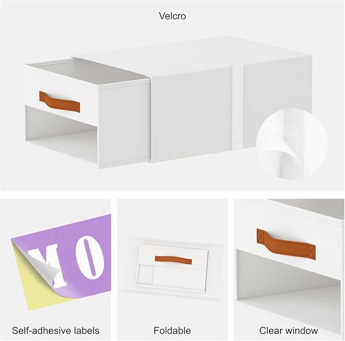 Stackable Storage Drawers - Pull Out Storage Bins with Drawers for Closet Clothes Organizers with Weekly Labels & Clear Window, Closet Shelf Storage for Bedroom, Living Room, 5 Pack, White